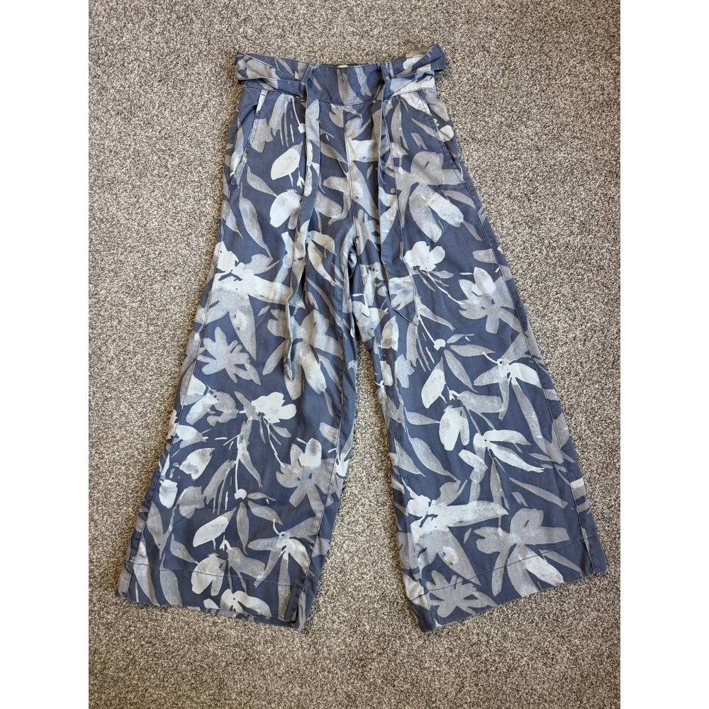 Cynthia Rowley Womens XS Blue Floral Lyocell Wide Leg Cropped Pants Tie Waist